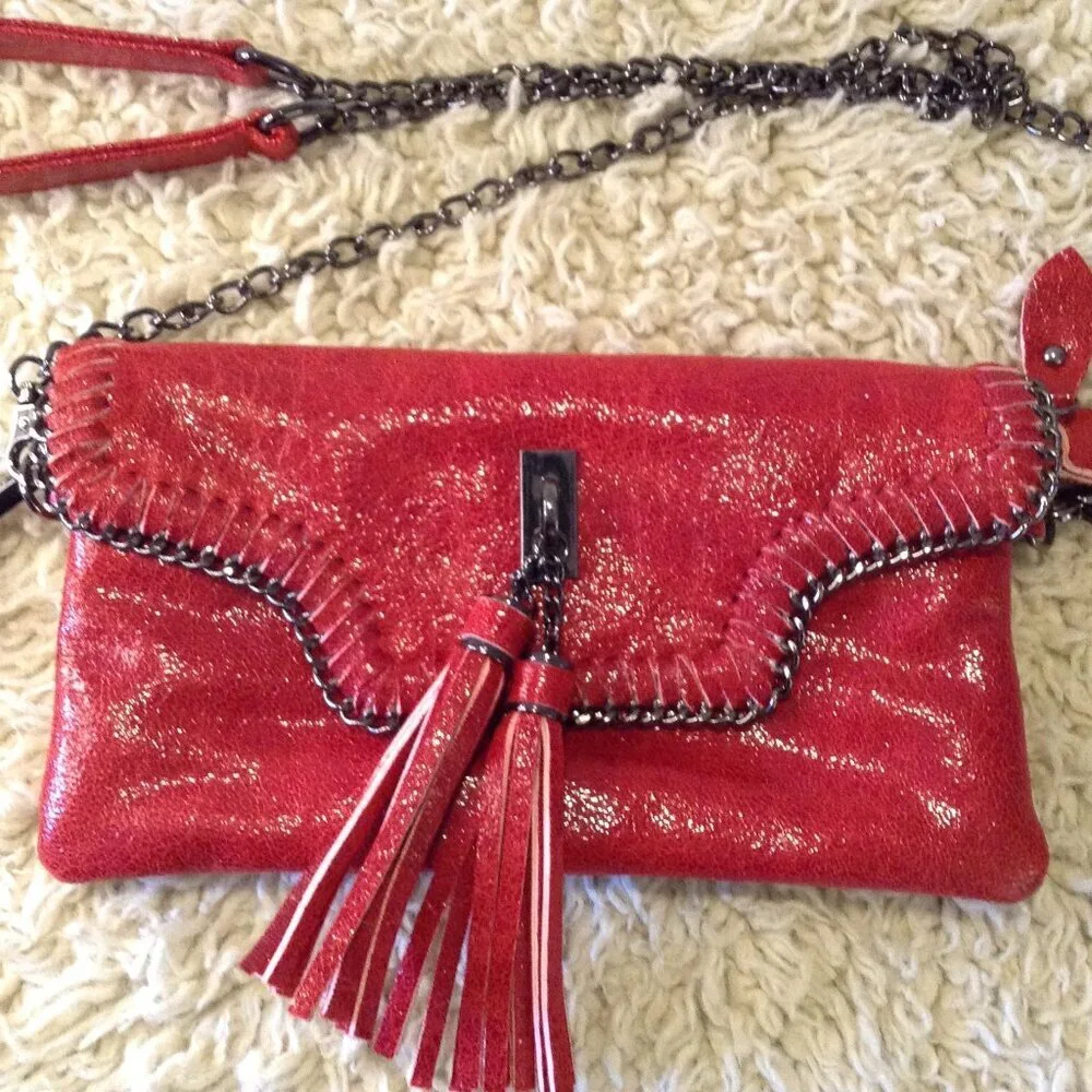 Sondra Roberts Square Red Bling Faux Suede Tassel Wristlet/Crossbody Chic Style